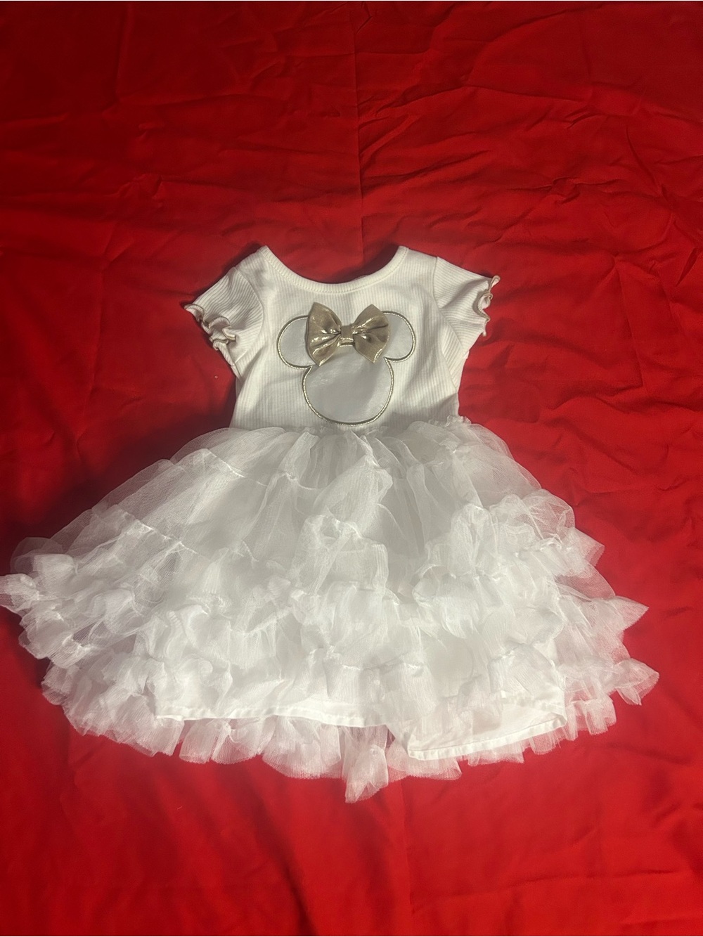 White Minnie Mouse Inspired Tulle Party Dress with Gold Bow